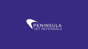 Peninsula Vet Referrals logo with a white abstract design set against a solid purple background and white lettering—ideal for Veterinary Nurse or Registered Veterinary Nurse roles.